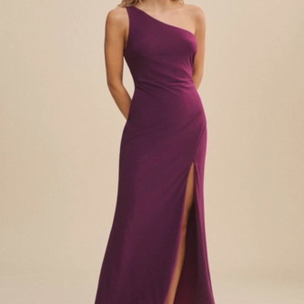 Mac Duggal Purple One Shoulder Jersey Sheath Gown - Picture 3 of 5
